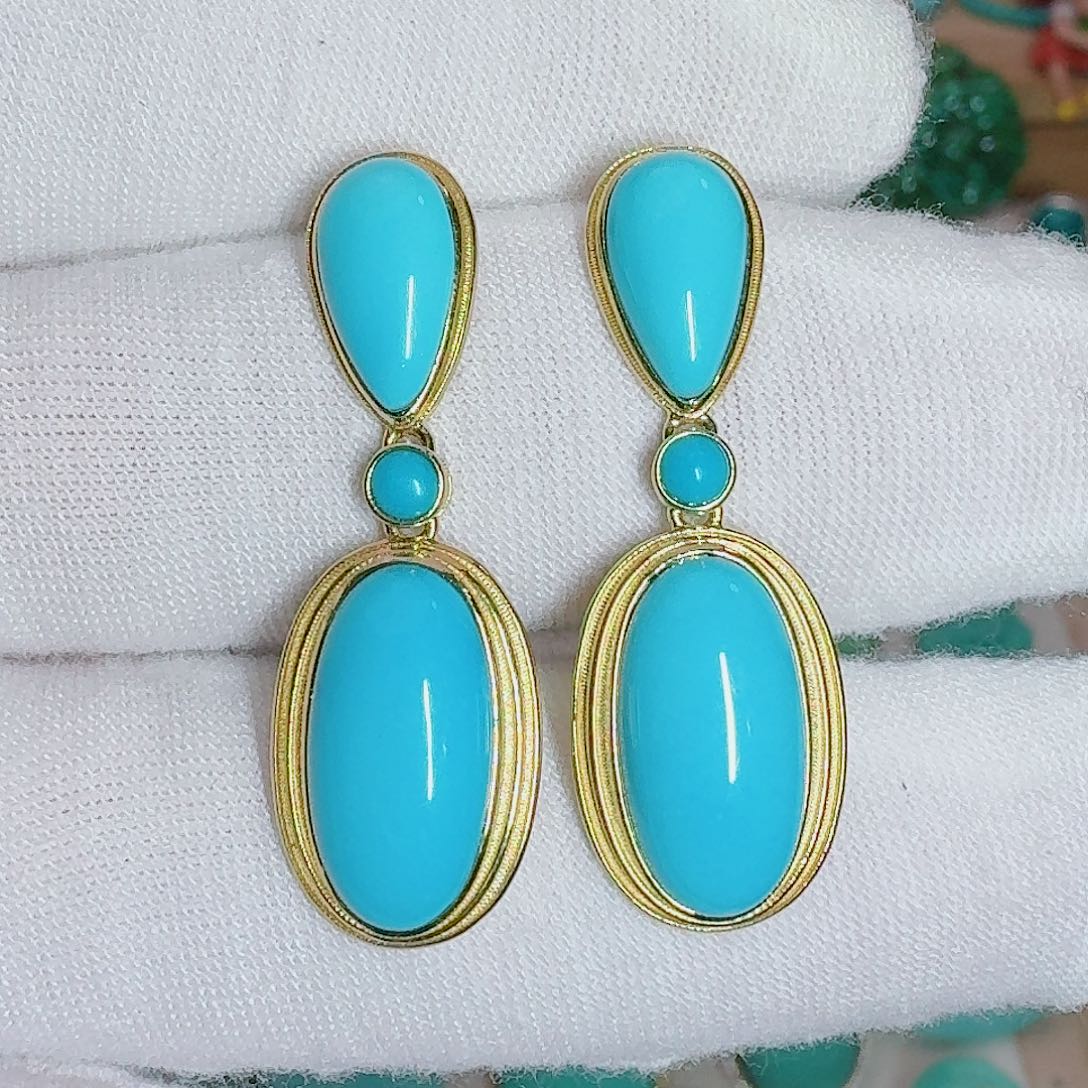 18K金镶嵌绿松石珠宝奇石精品耳环