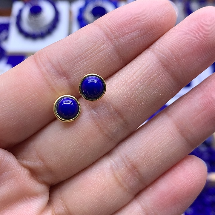 青金石耳钉银S925镀金镶嵌