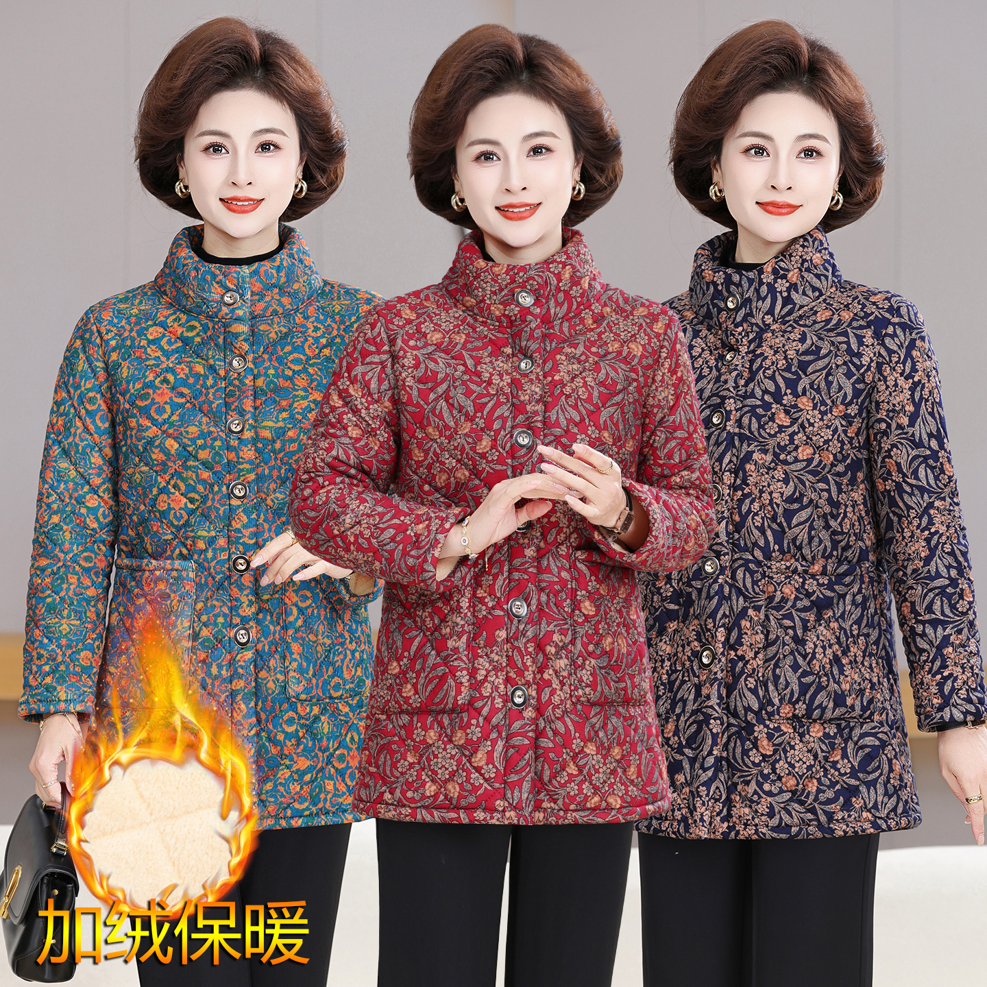 妈妈装立领加厚棉衣中老年女装棉服中长款保暖冬季加绒碎花棉袄