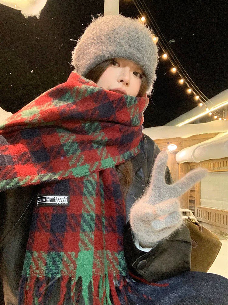 新年圣诞礼物！红色格子围巾女冬季韩版百搭保暖大版加厚围脖披肩