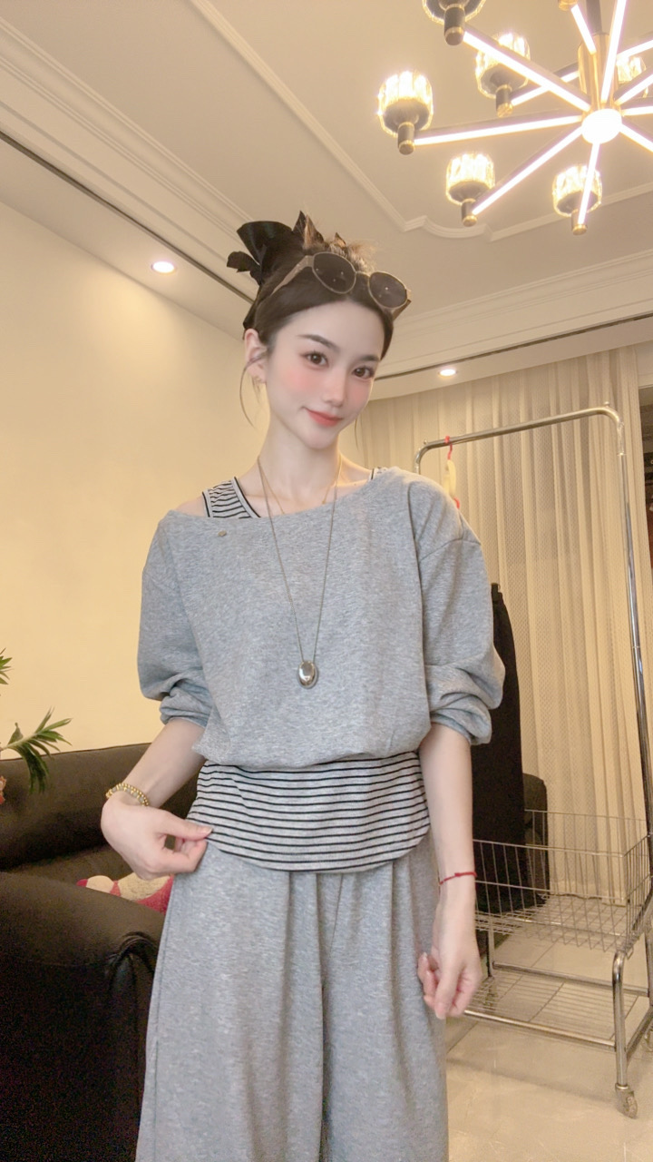 【邓邓】韩系学院风套装女秋季新款不规则斜肩T恤休闲裤两件套