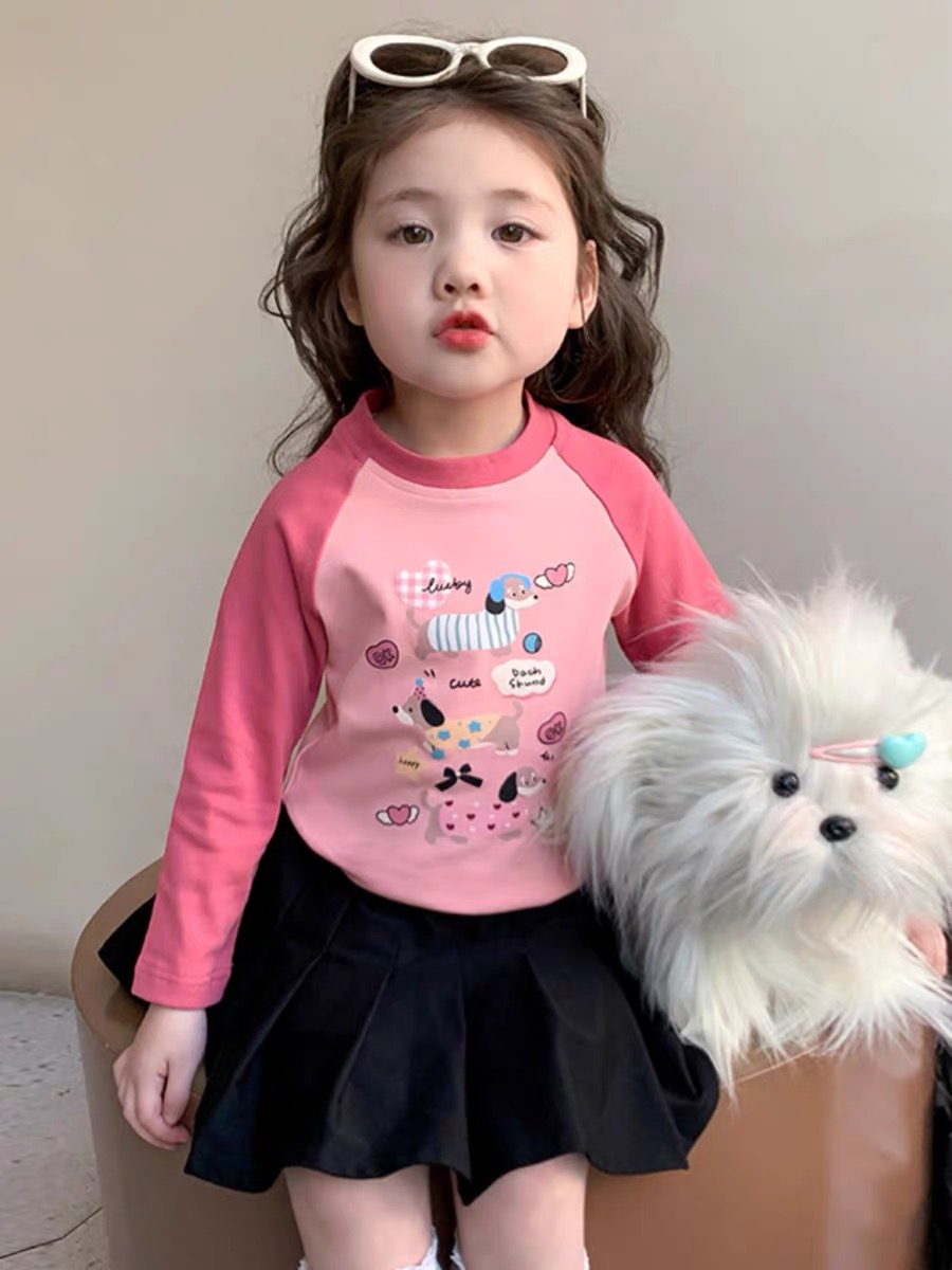 女童长袖拼色打底衫春秋款2025新款儿童洋气时髦撞色春装卡通内搭