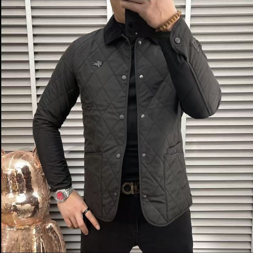 2025秋冬新款男士休闲修身加棉夹克外套时尚潮流大气百搭菱形格