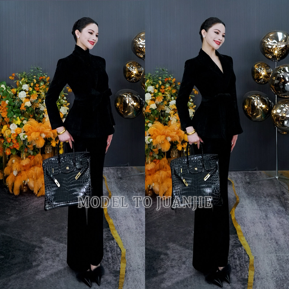 冬季加厚烟黑色显瘦气质雪尼尔经典修身干练西装喇叭裤套装1006