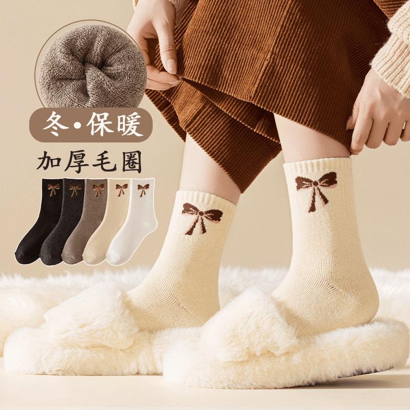 诸暨袜子秋冬季女袜保暖袜舒适可爱蝴蝶结图案毛圈加厚款袜子批发
