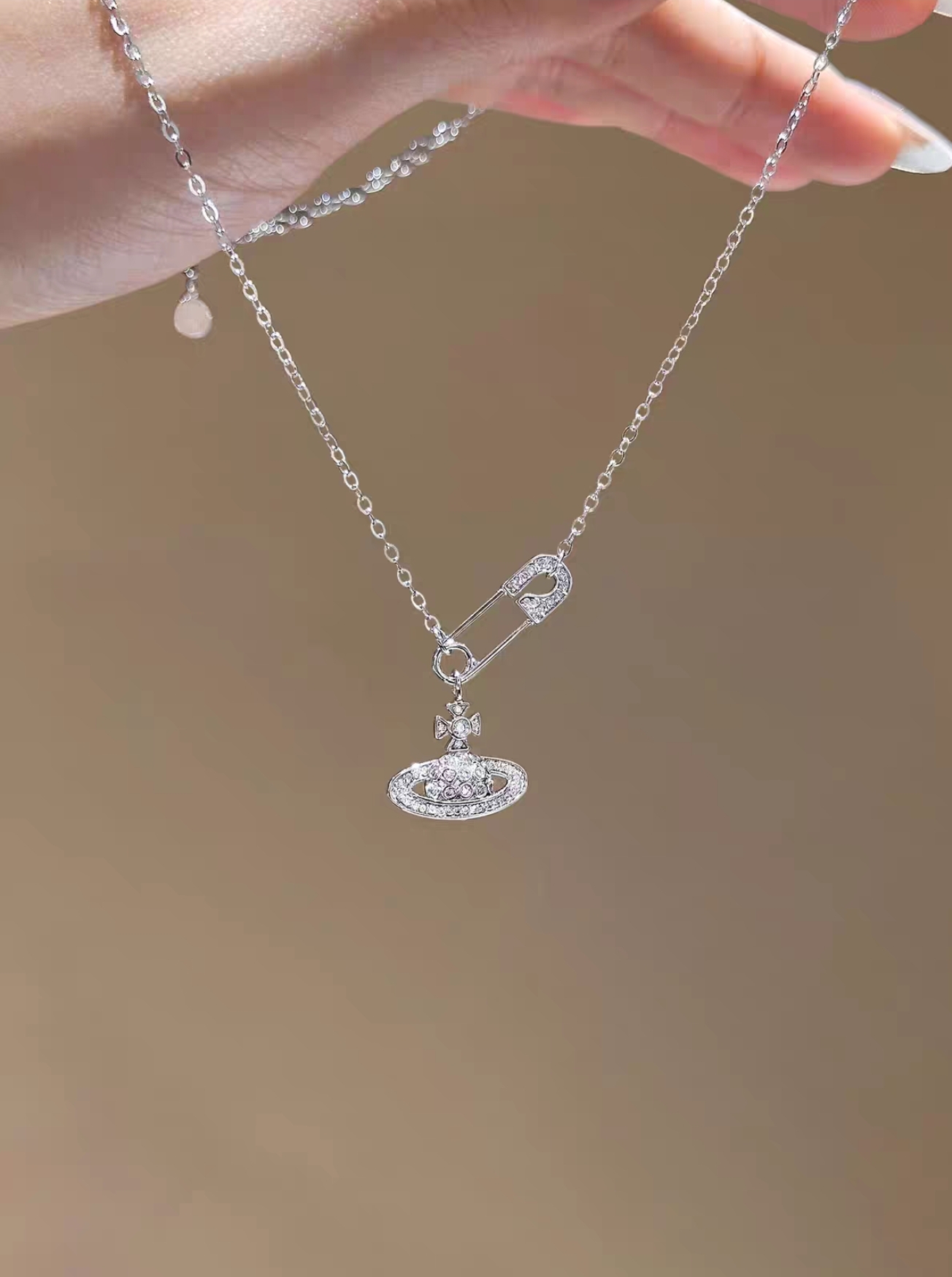 链子925银 s925银项链  西太后土星别针设计款项链