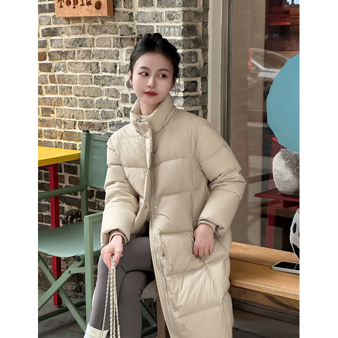 【挪威暖阳】小个子改版时尚韩版加厚杏灰色长款连帽宽松羽绒服女