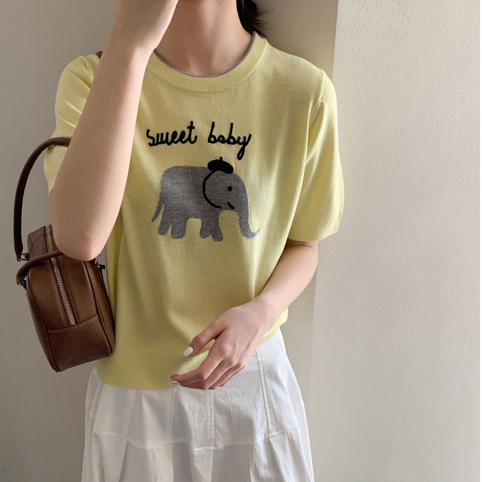 【素简.970100】春款上新天爽亚麻字母大象短袖女装针织衫（5.5福利）