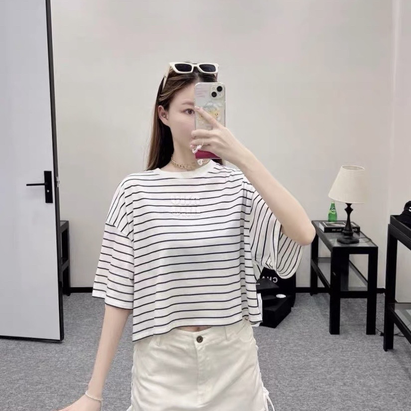 99新 MIU MIU/缪缪 A100625/字母logo条纹短袖/S码