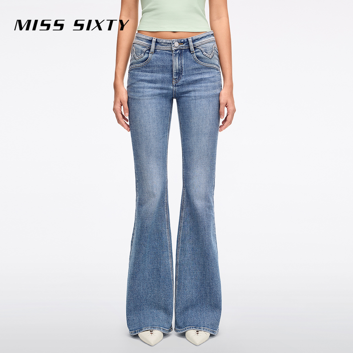 Miss Sixty2026春季新款牛仔裤女复古磨破M形中腰修身显瘦喇叭裤
