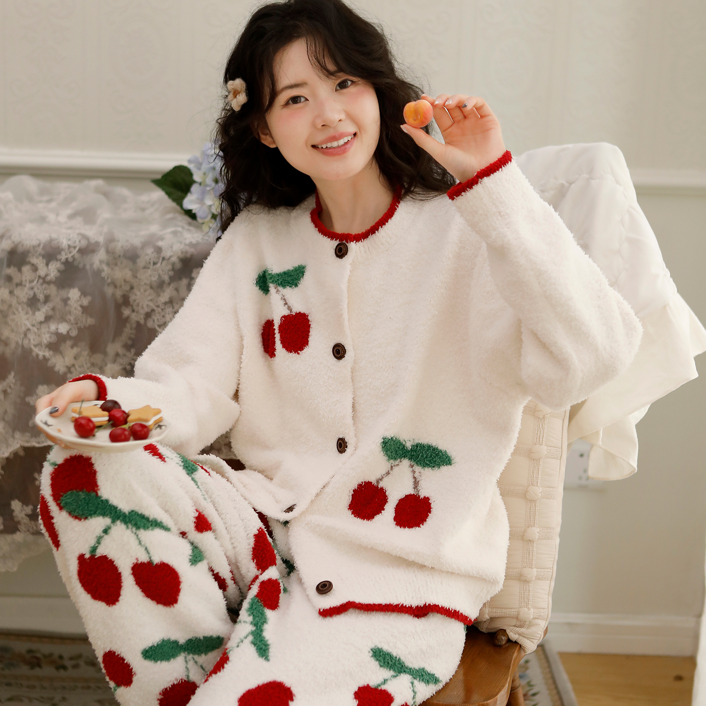 『樱桃开衫款』富朵半边绒月子服秋冬产后保暖孕妇怀孕产后哺乳睡衣