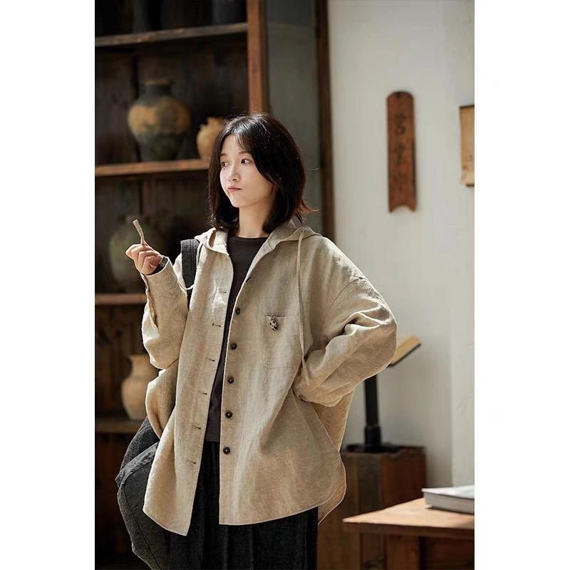 【连帽风衣】重磅生态汉麻连帽外套风衣文艺复古宽松上衣秋款25328