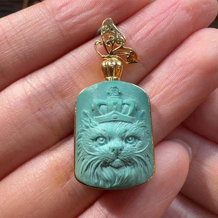 绿松石18K金镶嵌吊坠(不含链)猫咪