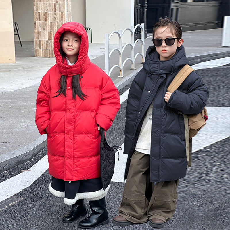 男童女童秋冬新款纯色黑金中长款防寒服儿童加厚加绒羽服保暖外套