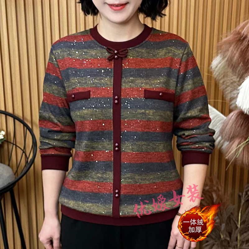 中老年女装冬季条纹圆领蝴蝶结加绒保暖百搭洋气妈妈装长袖上衣
