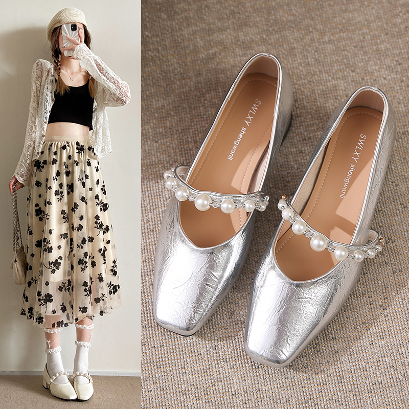 2025春秋新款中跟温柔风晚晚鞋银色粗跟珍珠玛丽珍方头浅口单鞋女