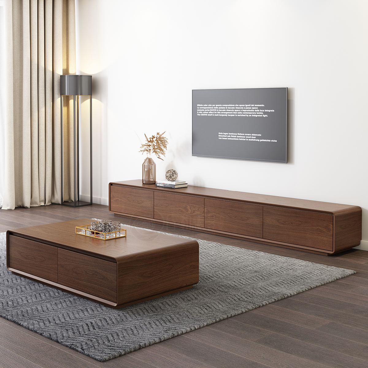 中古风落地电视柜茶几组合现代简约大小户型实木胡桃木色电视机柜