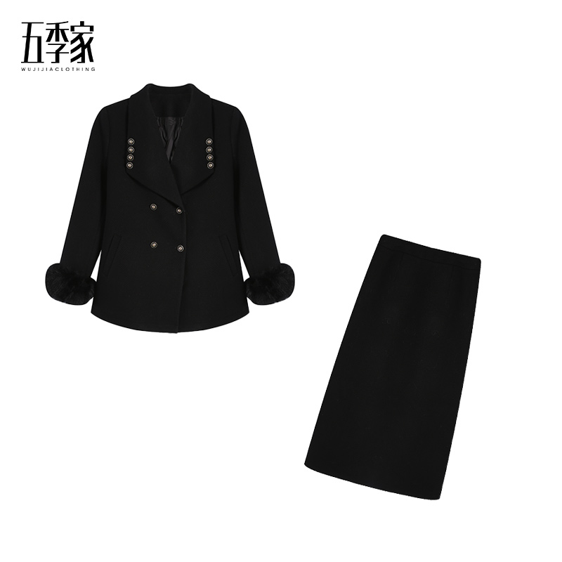 五季家大码冬季新款气质黑色羽绒上衣+黑色长半裙两件套ZL113562