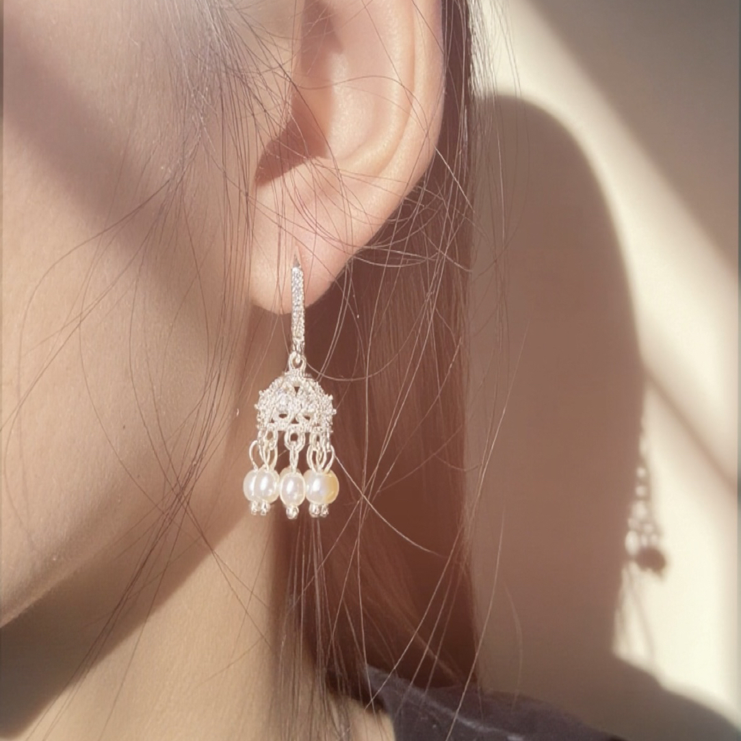 925银耳饰 风铃宫廷几何锆石耳饰百搭银色精致国风气质日韩耳环女