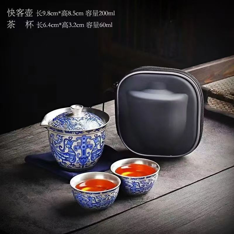 KK0501-天命玄鸟一壶两杯旅行套便携式简约鎏银中式防烫