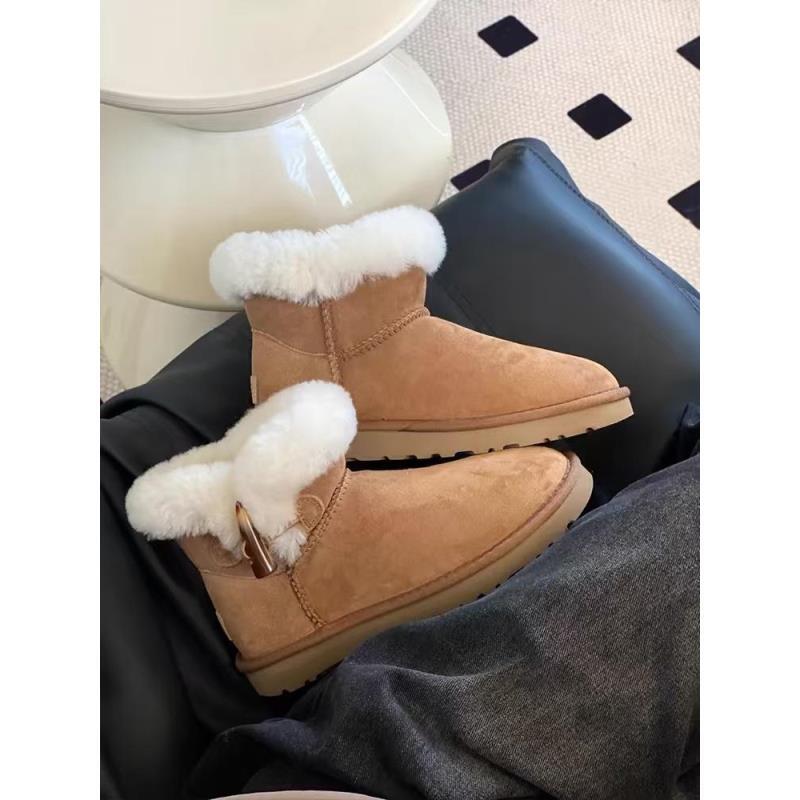 【牛角扣】桑坡薄厚底皮毛一体女雪地靴冬季百搭真皮加绒雪地靴