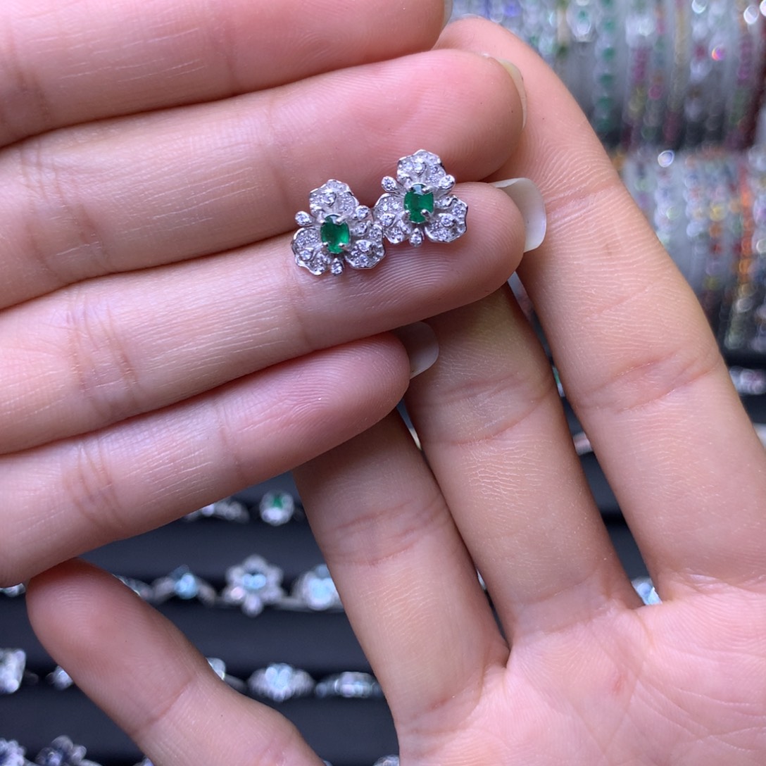 祖母绿耳饰银S925镶嵌耳环