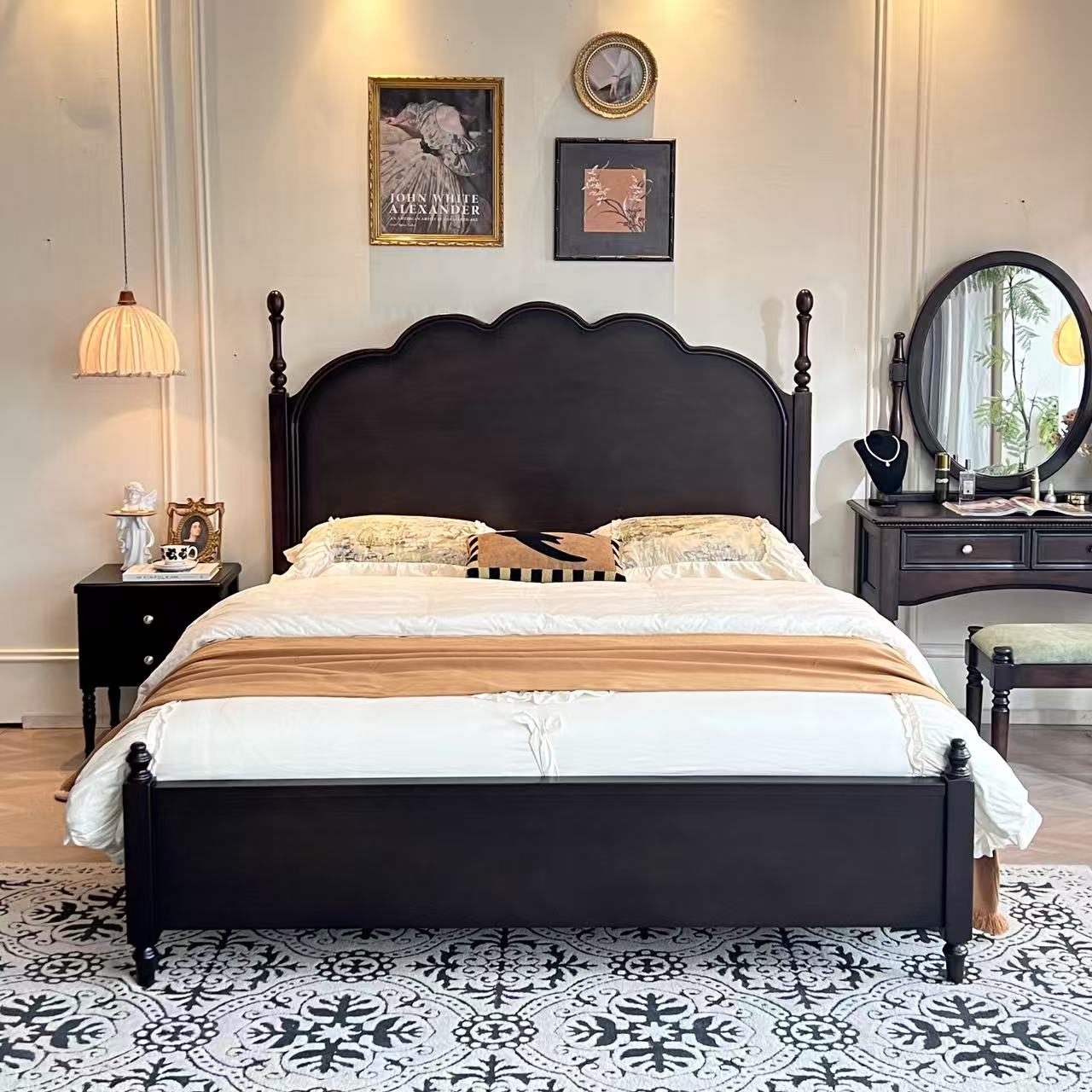 法式中古风马赛床婚床复古印花公主床罗马柱雕花主卧室实木双人床