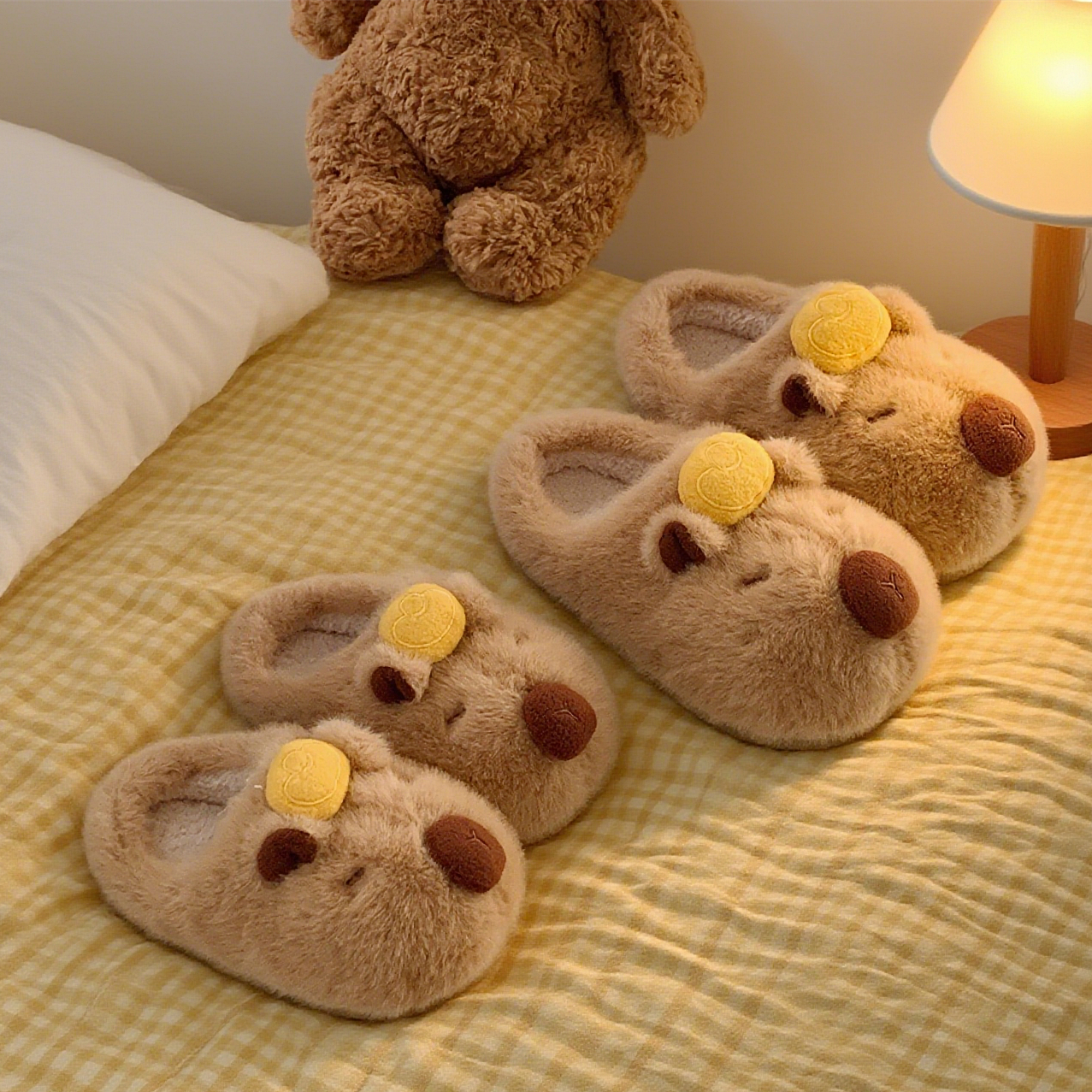 细细条 冬季新款少女心软萌可爱金元宝卡皮巴拉毛毛拖女室内棉拖