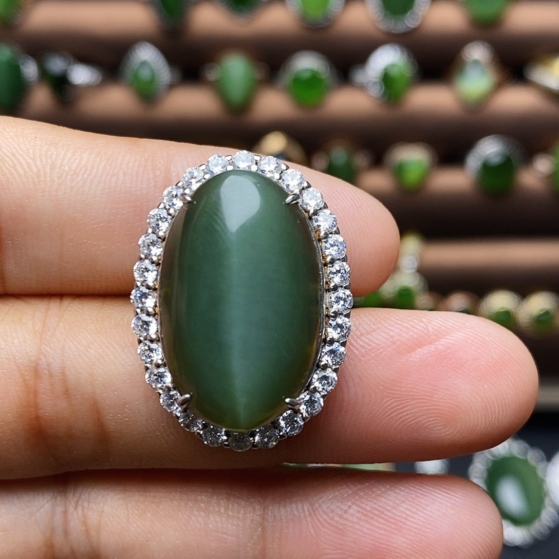 和田玉（碧玉）银S925镶嵌吊坠(不含链)戒指