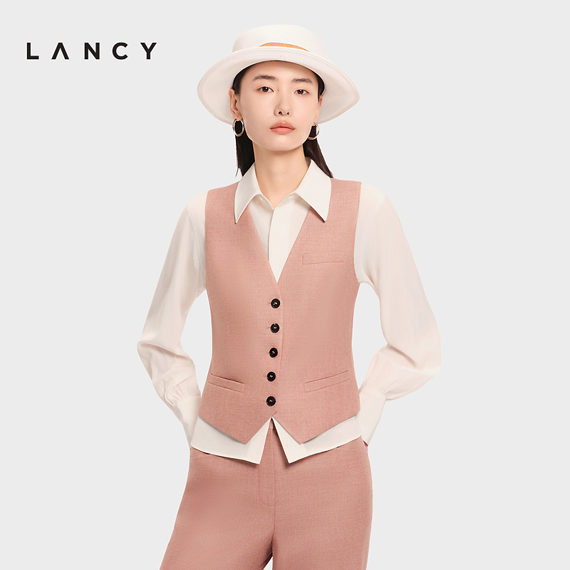【羊毛蚕丝】LANCY/朗姿2026春季新款复古通勤V领西装短款马甲女