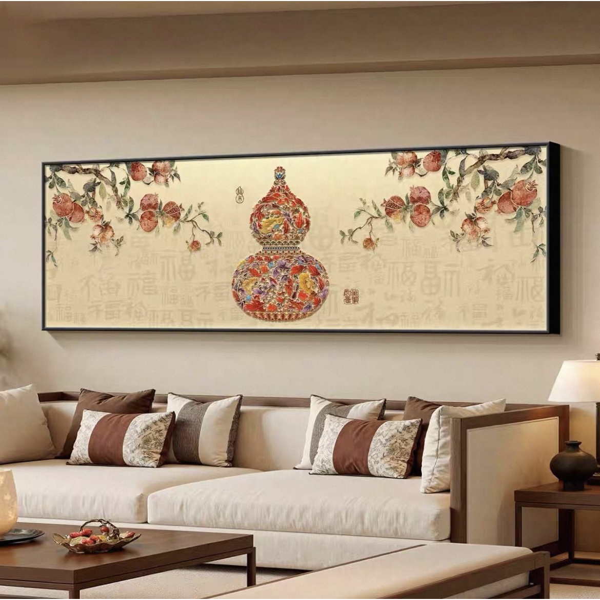 葫芦画客厅沙发背景墙装饰画新中式石榴挂画高级感横版卧室床头画