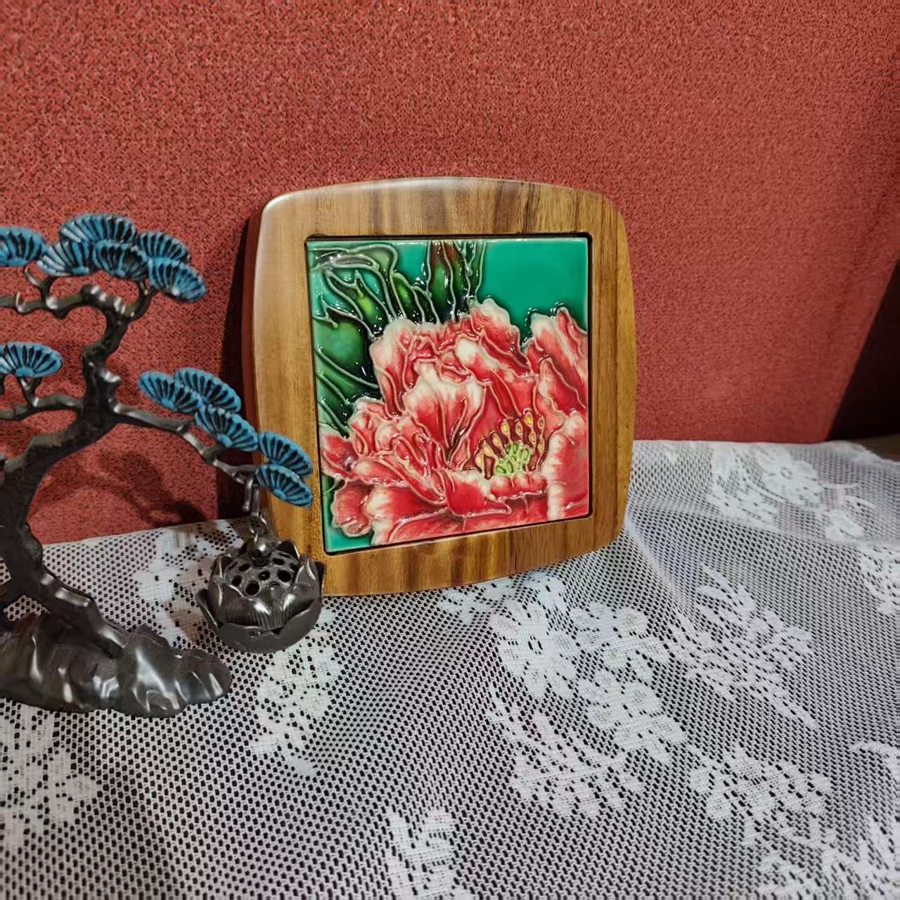 【贝尔】手工瓷绘瓷板画无拼接老榆木杯垫14cm*14cm