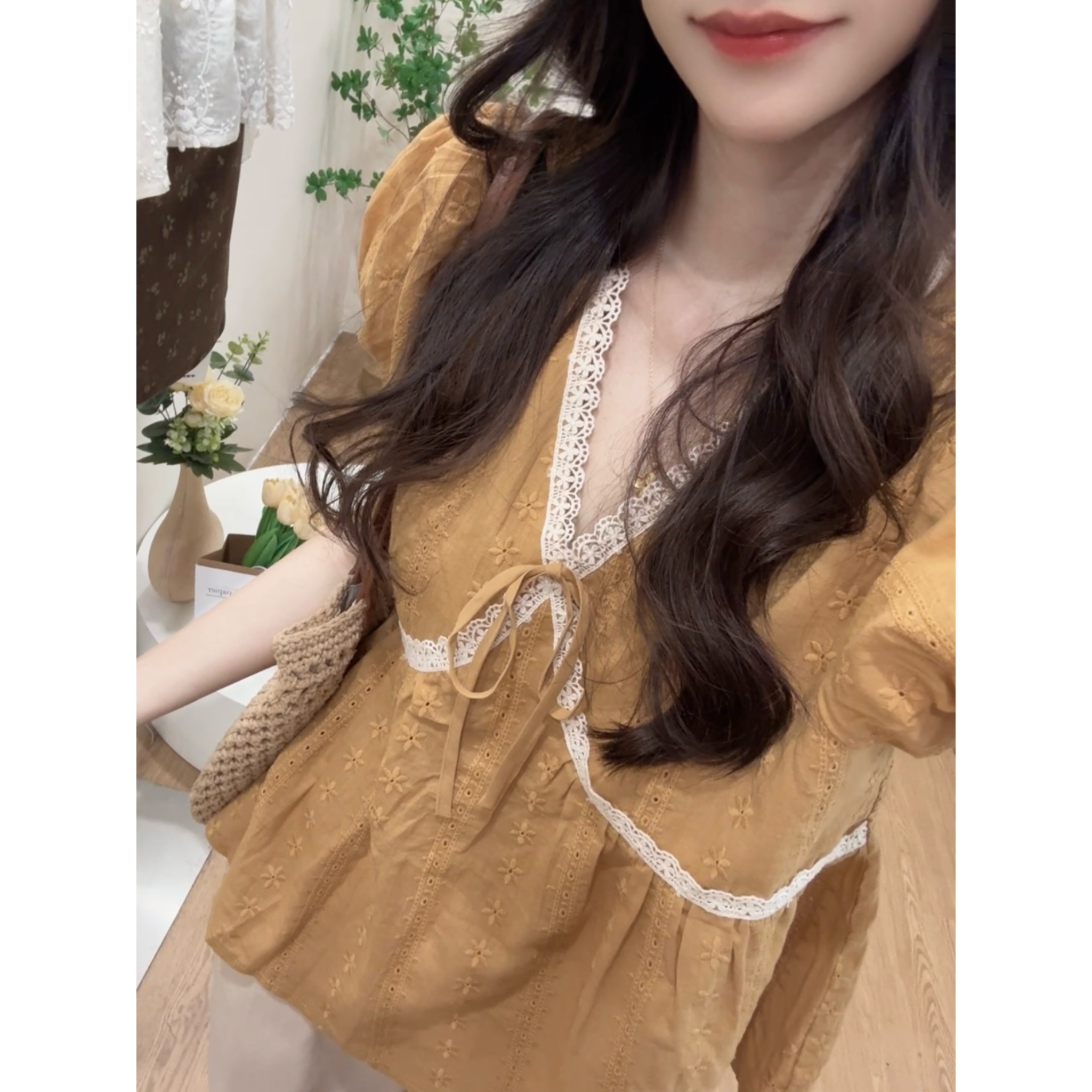 【五分糖】定染花边小衫泡泡袖衬衫短袖上衣女夏