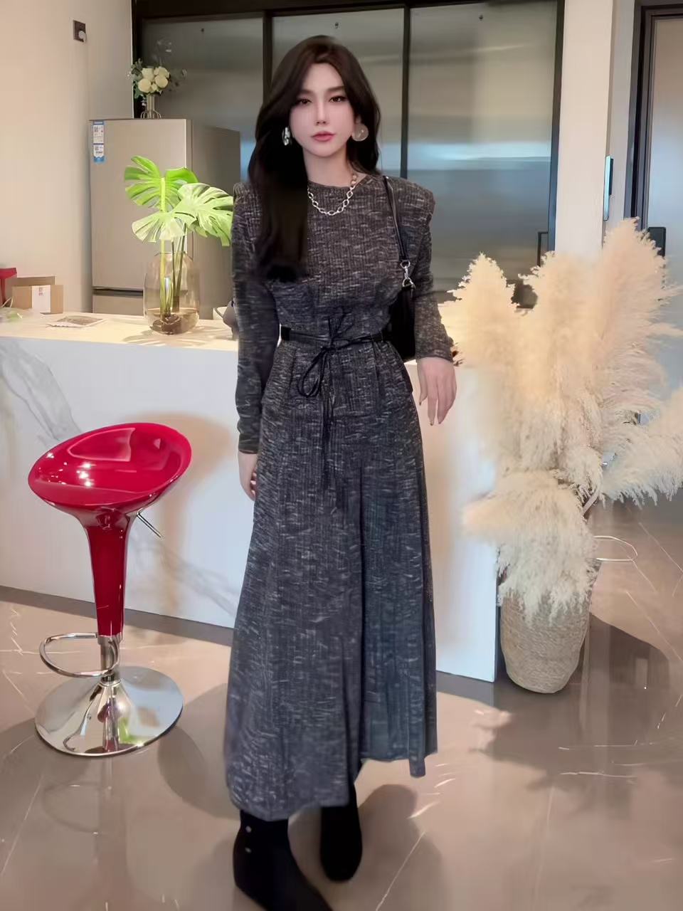 甜菜复古大码时尚针织套装女新款收腰修身打底衫上衣半身裙两件套