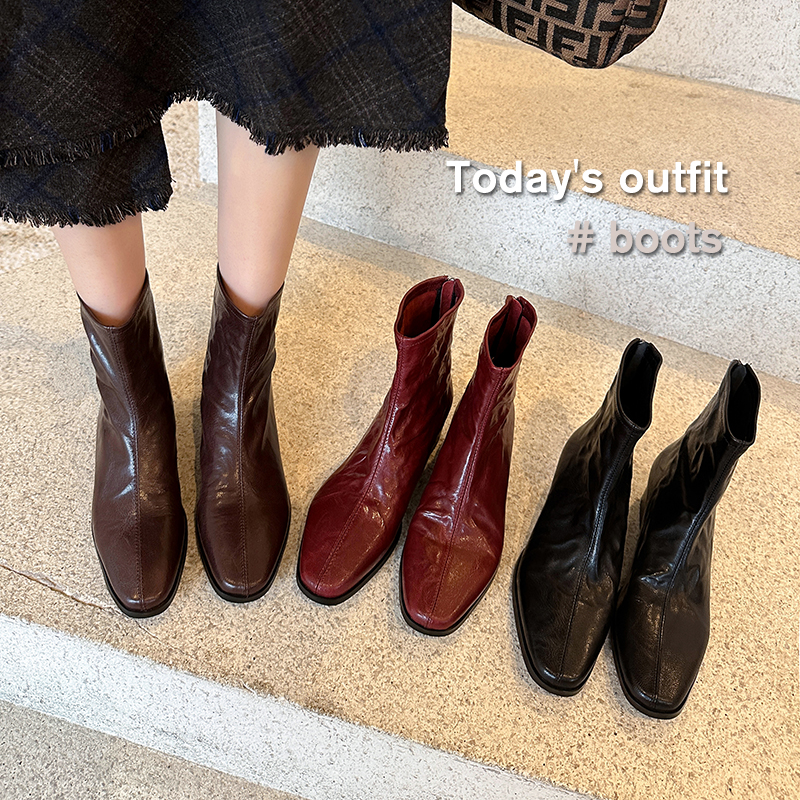 羊皮百搭短靴简约真皮瘦瘦靴冬方头靴子粗跟3.5cm（88087）已开价