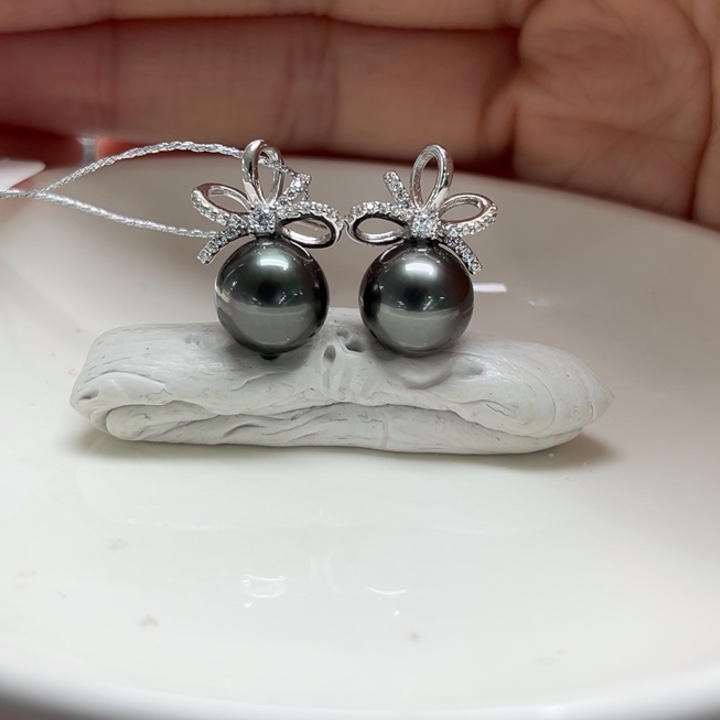 银S925镶嵌耳饰海水珍珠大溪地9-10m 48号