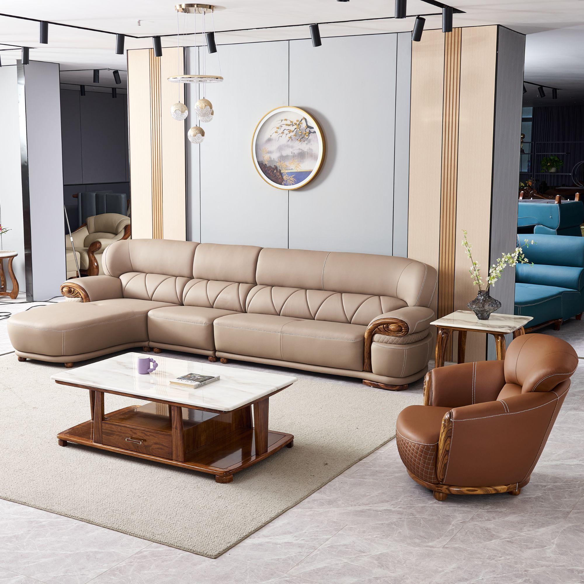 新中式乌金木真皮沙发现代简约大小户型实木头层牛皮直排客厅沙发