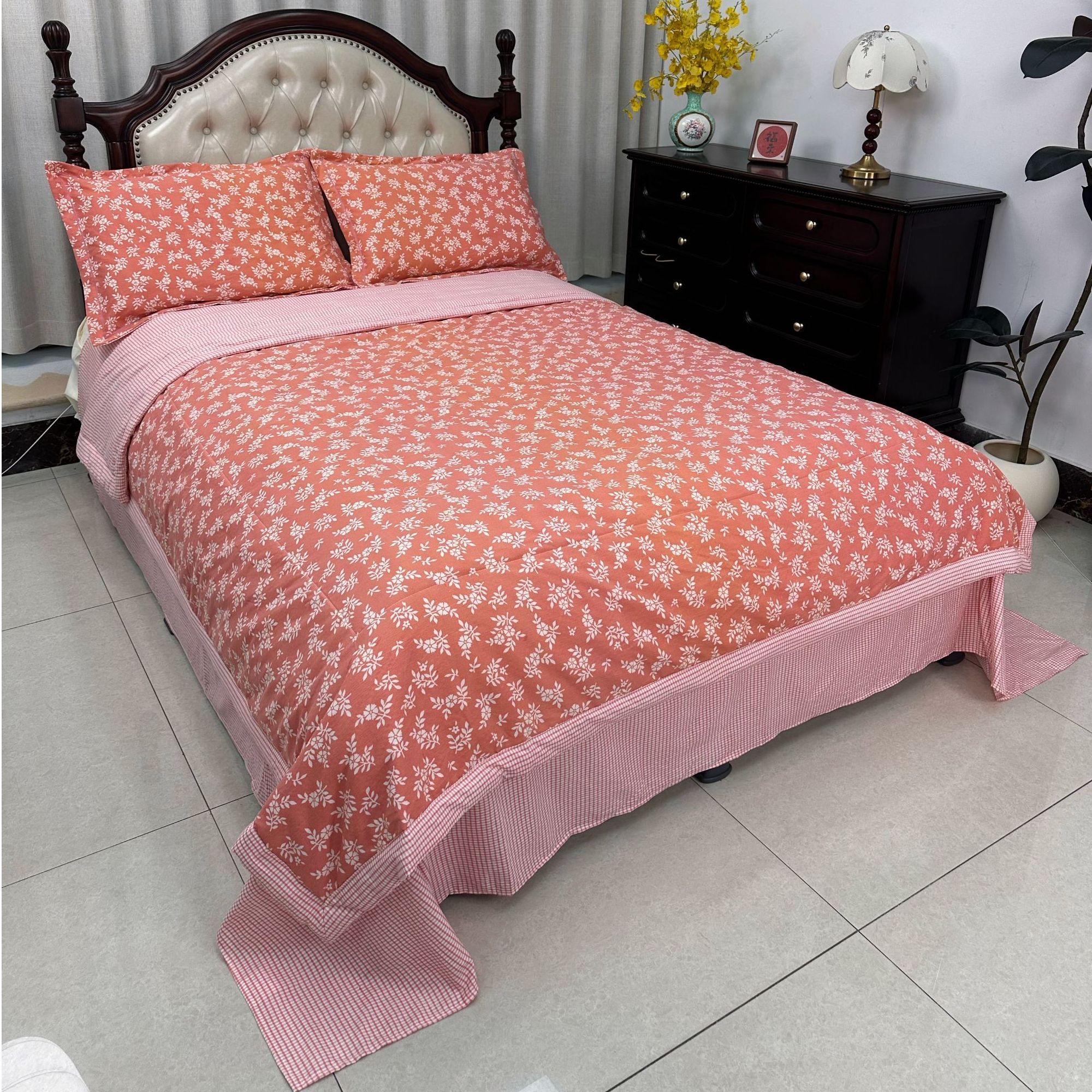 双层纱新疆棉夏被四件套--樱花小镇亲肤双面绗缝