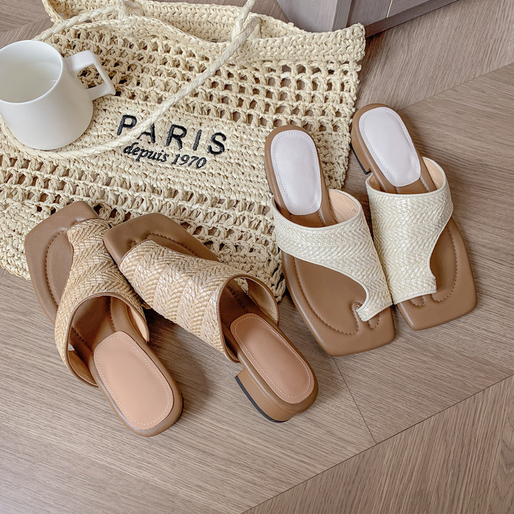 【林可乐】拉菲草编织拖鞋3.5cm粗跟方头套趾百搭度假外穿软底凉拖