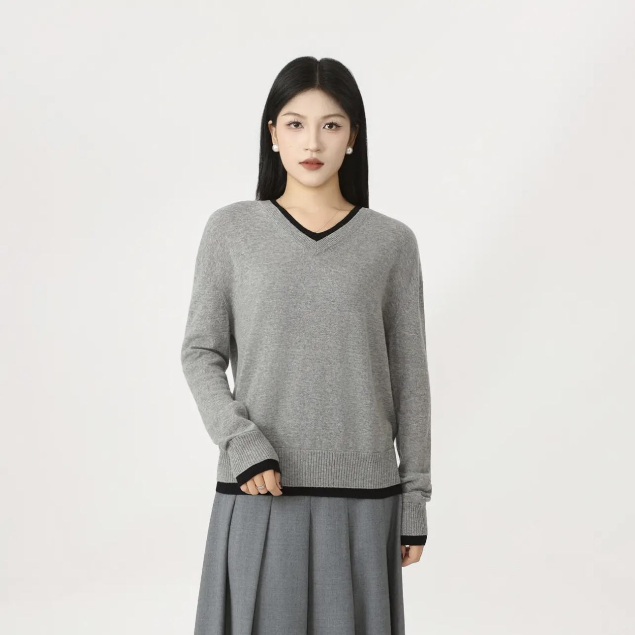 GIRDEAR/哥弟秋季新款质感V领休闲风复古百搭套头针织衫女 138084