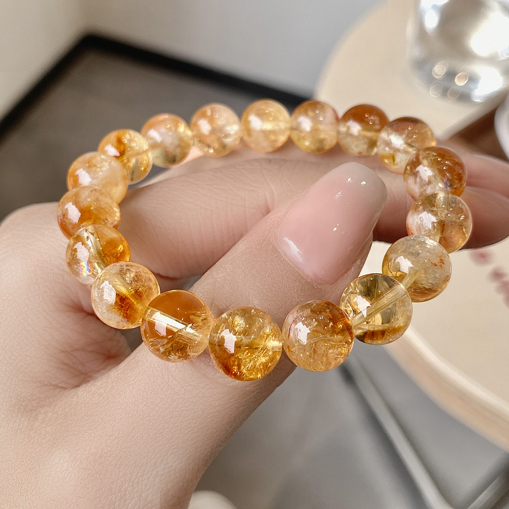 合金石英石手链 「来财」大颗粒10mm黄色水晶手串 气质高档手链百搭