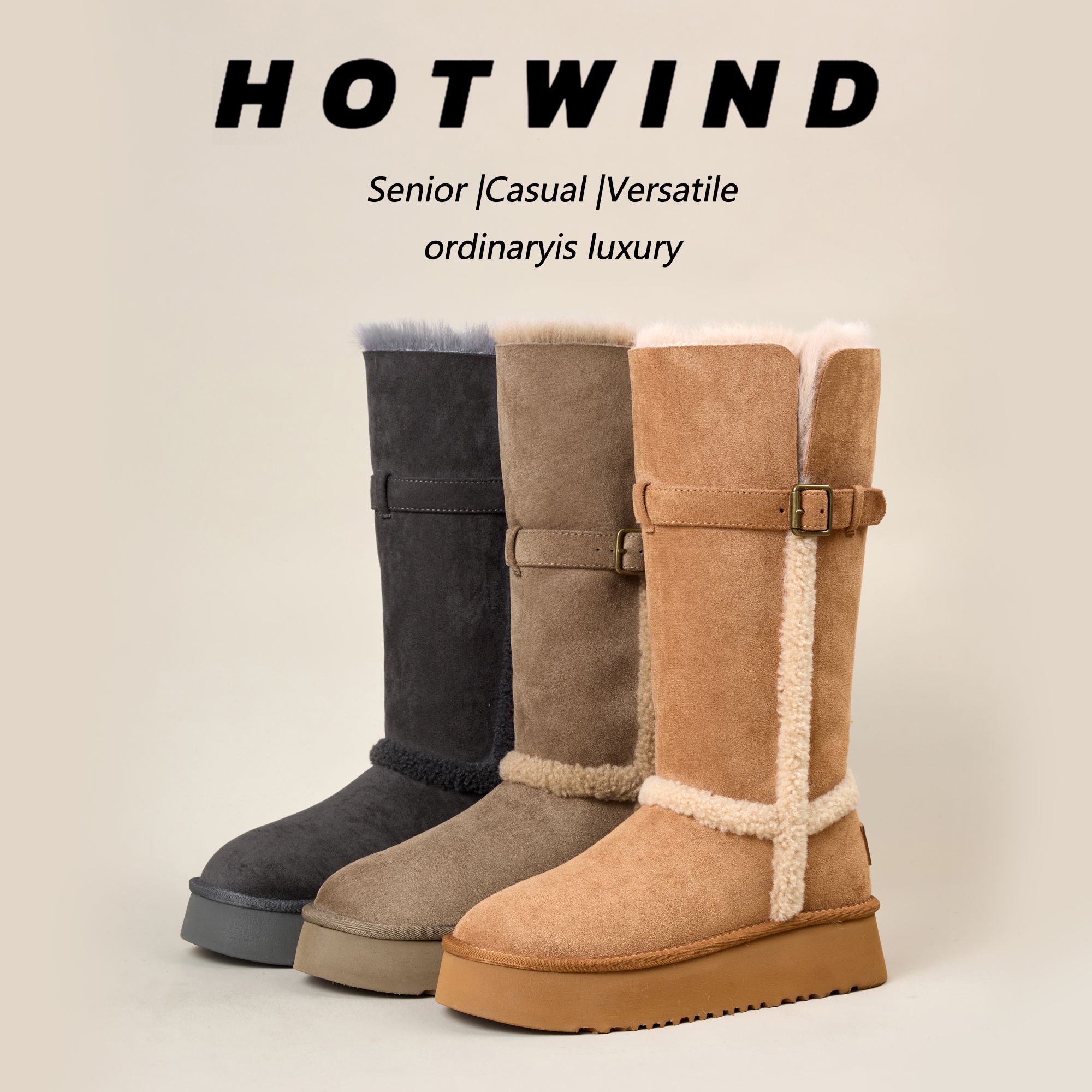 【瑞雪丰年】Hotwind/热风2025新款冬季中筒保暖厚底时尚雪地靴女