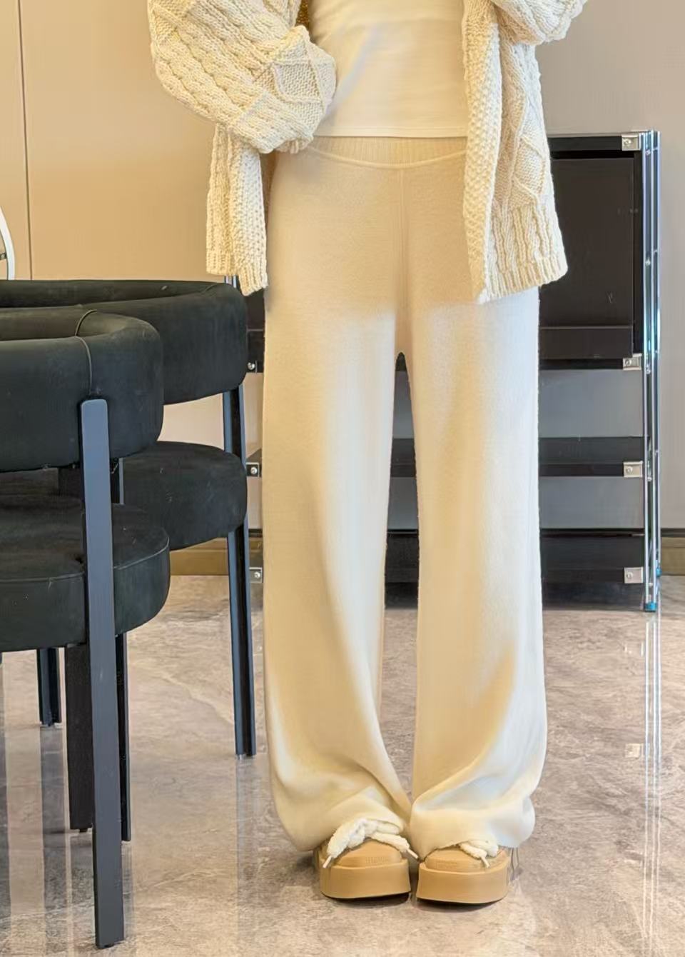 EARUERE516秋季厚款进口澳毛休闲裤高腰阔腿裤