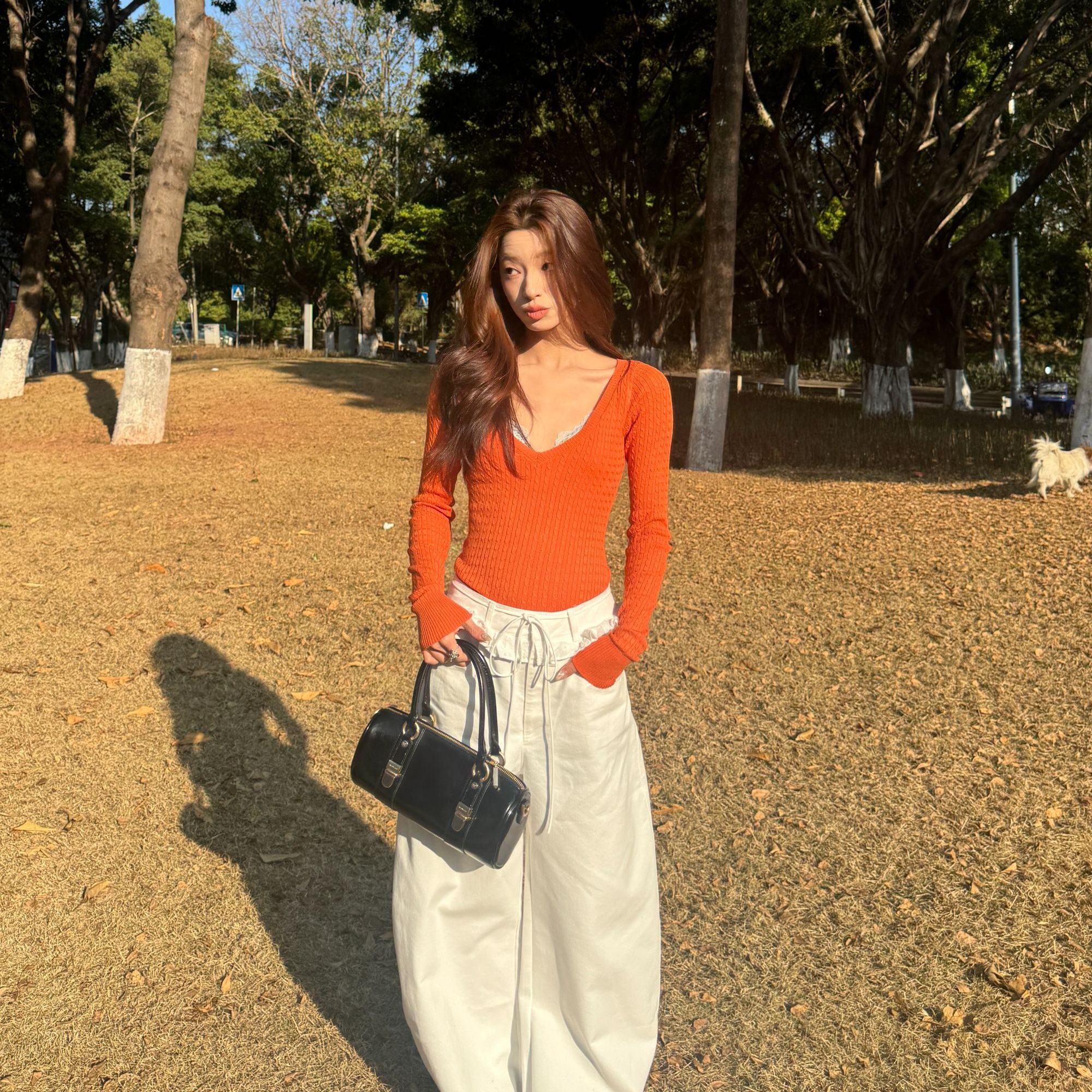 林小野木耳边双腰头长裤2025春季新款弯刀设计白色牛仔裤