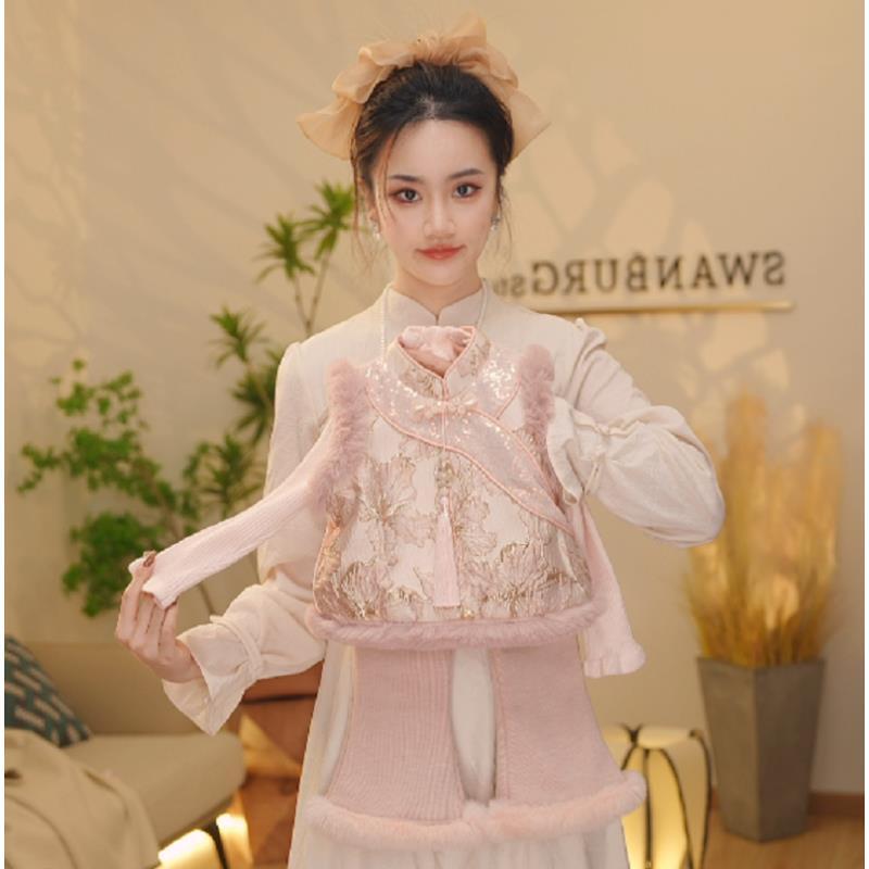 【现货】【Y.k9863】2025冬季新款女童国风加绒复古女宝长裤套装中式