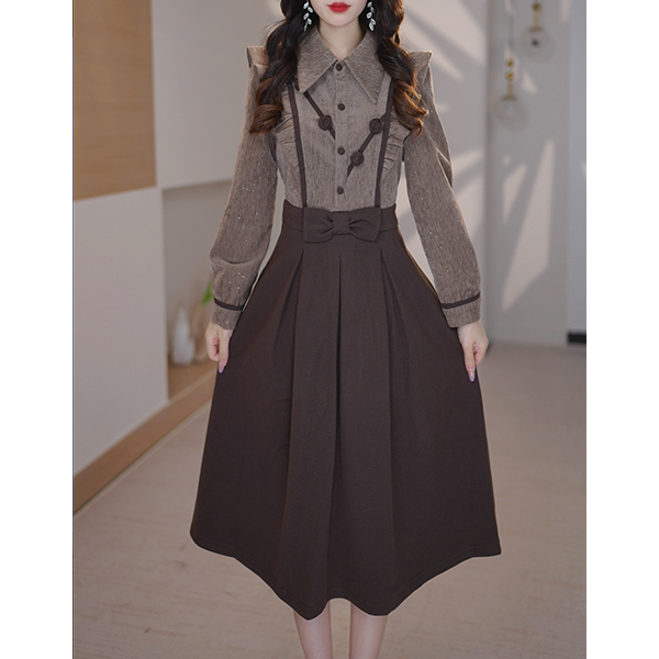 L670法式收腰显瘦拼接气质长袖连衣裙2025新春款时尚洋气连衣裙女