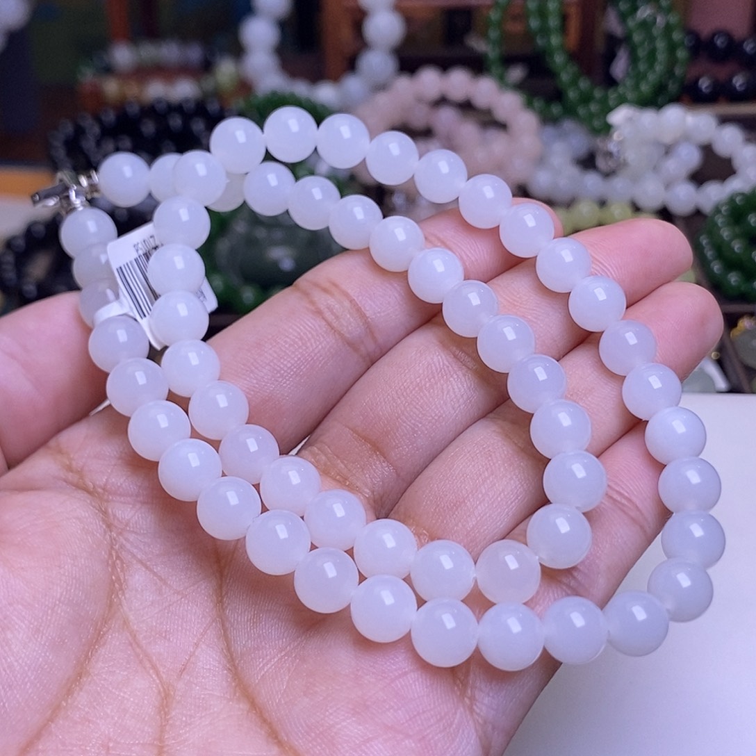 和田玉未镶嵌颈饰羊脂白玉老料约8mm妈妈项链