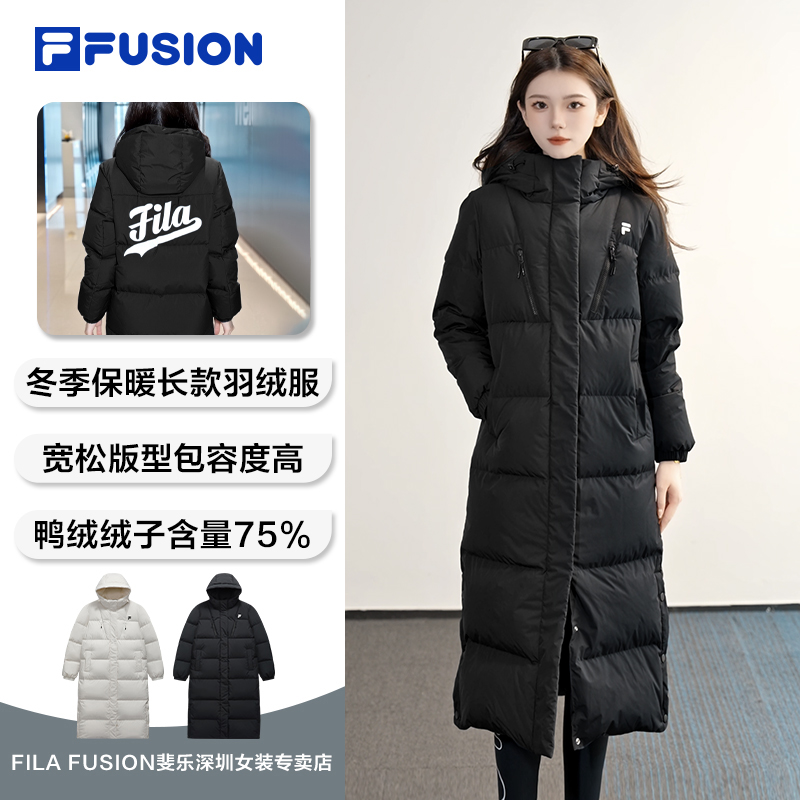 FILA斐乐加绒保暖冬季长款羽绒服女运动连帽鸭绒外套T11W543917F