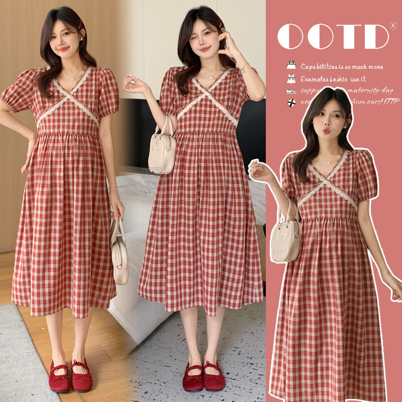 【安安】~夏季新款V领复古设计格纹孕妇装显瘦减龄连衣裙