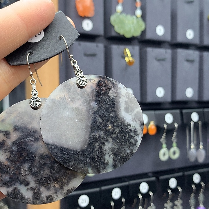 翡翠耳饰银S925镶嵌画6666